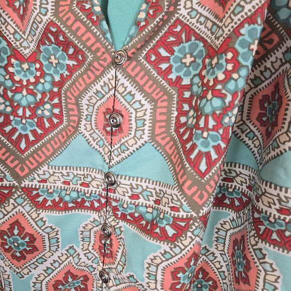 Figueroa Flower Top Women’s 3X Boho Hippie Retro Artsy Funky Patchwork Teal Pink - Picture 4 of 7